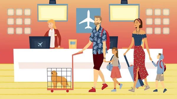 Family Travel Concept. Famille heureuse avec des bagages voyagent ensemble. Parents avec enfants et chien à la réception de l'aéroport prêts pour les vacances. Cartoon style plat. Illustration vectorielle — Image vectorielle