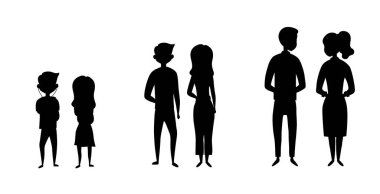 Farklı bir çağdaki bir grup insan karakteri. Farklı yaşlarda siyah siluetler. Soyut arka planda sevimli çiftler ve arkadaşlar. İş adamı. Çizgi film Düz Stili. Vektör İllüstrasyonu