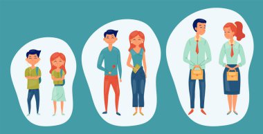 Farklı bir çağdaki bir grup insan karakteri. Farklı yaş ve durumdaki kadın ve erkekler. Soyut arka planda sevimli çiftler ve arkadaşlar. İş adamı. Çizgi film Düz Stili. Vektör İllüstrasyonu