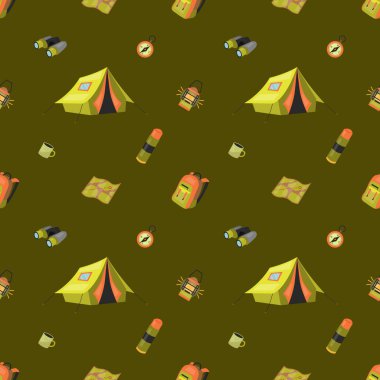 Kusursuz Düzen Kampı kavramı. Profesyonel kamp için ekipman ve araç gereç seti ve semboller ve simgelerle iyi vakit geçirmek. Yaz Kampı Kusursuz Düzen. Çizgi film tarzı. Vektör illüstrasyonu