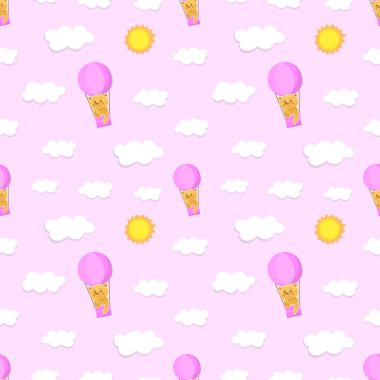 Bebek Duşu Kusursuz Şablon, Poster Kavramı. Soyut arkaplanda sıcak hava balonunda oyuncak ayıyla sevimli hava balonları. Kız bebek partisi ya da çocuk odası dekoru. Çizgi film tarzı. Vektör illüstrasyonu