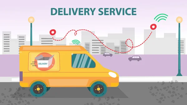 Концепция Smart Delivery Service. Почта грузовик на фоне городского пейзажа с Navi Тэги и открыть картонную коробку на стороне. Услуги быстрой доставки по всему миру. Плоский стиль. Векторная иллюстрация — стоковый вектор