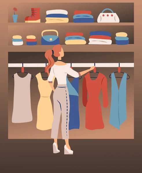 Концепція жіночого одягу. Набір Модна колекція жіночого гардеробу. Жінка вибирає одяг у гардеробі. Жіночий персонаж намагається вирішити, що носити. Каретон плоский стиль. Векторна ілюстрація — стоковий вектор