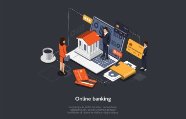 Isometric Online Bankacılık Konsepti. İnsanlar kartla ödeme yapıyor ve banka havalesi yapıyorlar. İnternet alışverişi ve bankacılık. Çevrimiçi Satın Almalar İçin Erkek ve Kadın Karakterler Öder. Çizgi film Vektör İllüstrasyonu