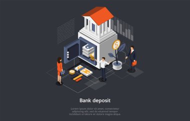 Isometric Banka Mevduat ve Yatırım Konsepti. İnsanlar banka mevduatına para yatırıyor. Finansal Edebiyat ve Başarı. Profesyonel Bankacılık, Finans Müdürü ve Müşterileri. Çizgi film Vektör İllüstrasyonu