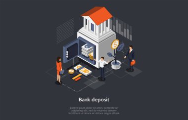 Isometric Bank Deposit And Investment Concept. People Put Money On Bank Deposit. Financial Literacy And Success. Professional Banking Service, Finance Manager and Clients. Cartoon Vector Illustration clipart