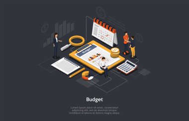 Isometric Bütçe Konsepti. İş Karakterleri Araştırma ve Planlama Bütçesi. İnsanlar hedeflerini belirliyor. İş Analizi, Dijital Yatırım ve Finansal Planlama. Çizgi film Vektör İllüstrasyonu