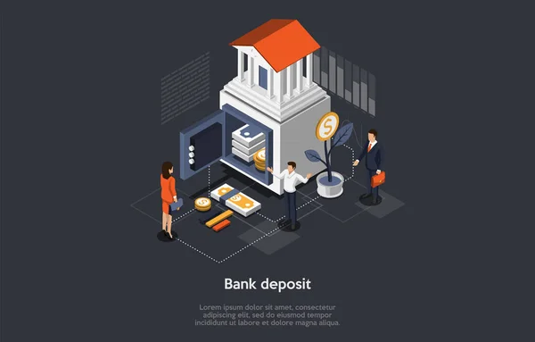 Isometric Bank Deposit And Investment Concept. Les gens mettent de l'argent sur le dépôt bancaire. Littératie financière et succès. Services bancaires professionnels, gestionnaire des finances et clients. Illustration vectorielle de bande dessinée — Image vectorielle