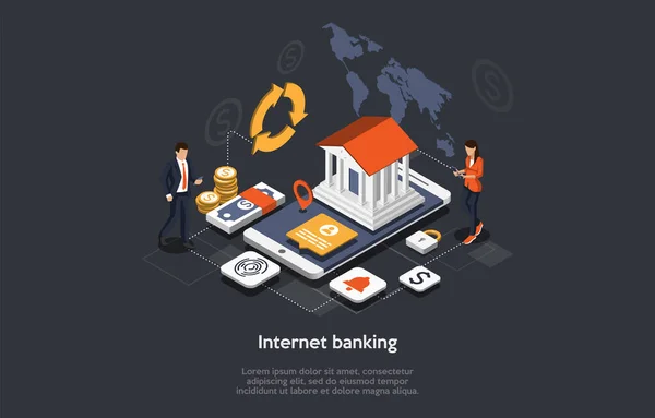 Ισομετρική έννοια Internet Banking. Οι άνθρωποι χρησιμοποιούν Mobile Banking εφαρμογή. Online Ασφάλεια Πληρωμών Συναλλαγή. Εταιρικοί Χαρακτήρες Μεταφορά χρημάτων σε απευθείας σύνδεση, κάνουν πληρωμές. Εικονογράφηση διάνυσμα κινουμένων σχεδίων — Διανυσματικό Αρχείο