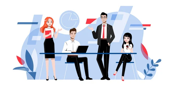 Lluvia de ideas y concepto de trabajo en equipo. Empresarios creativos Hombres y mujeres desarrollan un nuevo proyecto o una nueva empresa en la oficina. Colección Business People. Dibujos animados Esquema lineal plana Vector Ilustración — Archivo Imágenes Vectoriales