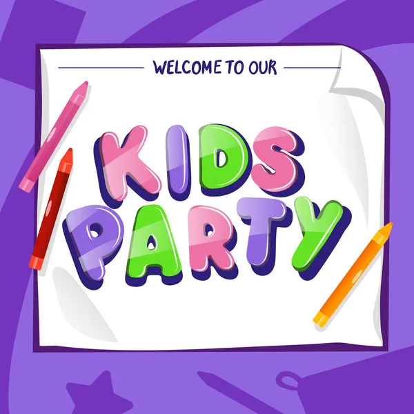 Födelsedag Party Inbjudan koncept. Kids Party Design Mall, Inbjudningskort med färgglada bokstäver, pennor, text. Kids Party inbjudan, Event mall i en ram. Tecknad platta vektor Illustration — Stock vektor