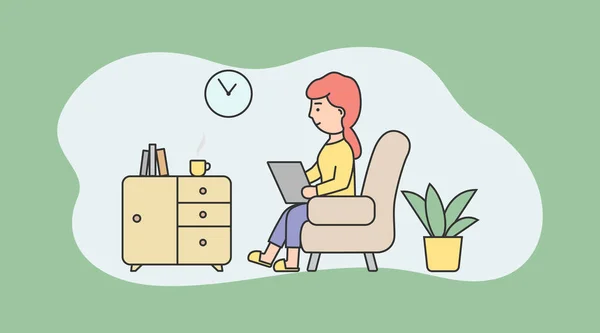 Lavoro freelance, brainstorm e concetto di lavoro autonomo. Occupato freelance giovane donna o freelance sta lavorando sul computer portatile seduto sulla poltrona a casa. Illustrazione vettoriale piana del contorno lineare del fumetto — Vettoriale Stock