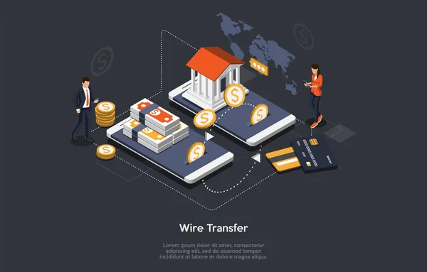 Concept Of Isometric Wire Transfer. Tiny Characters At Huge Smartphones. People Are Paying By Wire Transfers For Goods Or Services. Customers Are Paying Online Mobile App. Cartoon Vector Illustration — Stock Vector