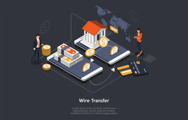 Concepto de transferencia bancaria isométrica. Personajes minúsculos en teléfonos inteligentes enormes. La gente está pagando por transferencias bancarias de bienes o servicios. Los clientes están pagando aplicación móvil en línea. Ilustración de vectores de dibujos animados — Archivo Imágenes Vectoriales