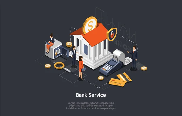 Isometric Banka Servisi, Tasarruf ve Yatırım kavramı. İş adamları ve banka binasının yakınındaki çalışanlar. Karakterler Banka Danışmanlığını Bekliyor. Banka Müşteri VIP Servisi. Vektör İllüstrasyonu — Stok Vektör