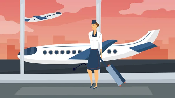 空港と観光の概念。荷物を持って空港で幸せなスチュワーデスの女性。女性は飛ぶ準備ができています。スチュワーデスと旅客航空機と美しいイラスト。漫画フラットベクトルイラスト — ストックベクタ