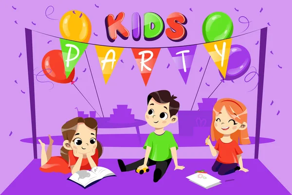 Kids Party Einladungskonzept. Glücklich lächelnde Kinder mit bunten Luftballons und Dekorationen spielen. Geburtstagseinladung. Kids Event Template. Cartoon Flat Vector Illustration — Stockvektor