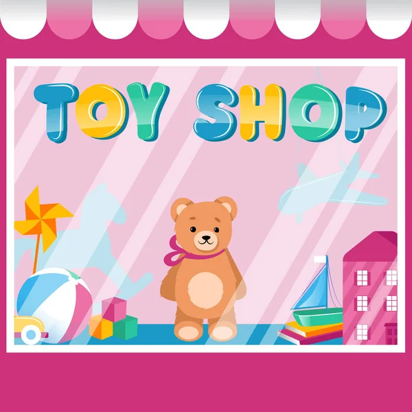 Speelgoedwinkel concept. Teddy Bear in de showcase van Toys Store. Moderne winkel met veel elementen voor kindervreugde. Gevel van Speelgoedwinkel met groot raam en grappig speelgoeddier. Cartoon Flat Vector Illustratie — Stockvector