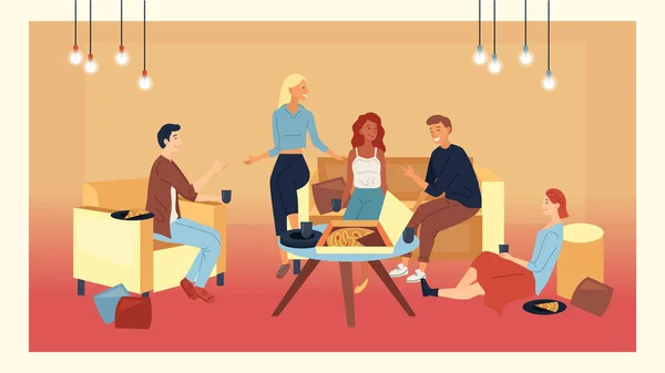 Friendship Concept. Friends Are Communicating and Spending Time Together At Home. Group Of Young People Are Talking, Relaxing With Hot Drinks and Eating Pizza. Cartoon Flat Style. Vector illustration — Stock Vector