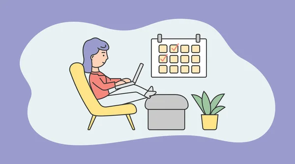 Concept van Freelance werk. Freelancer meisje werken op laptop zitten in een fauteuil. Werk op afstand en werk overal vandaan. De vrouw typt op laptop. Cartoon Linear Outline Platte Stijl. Vector Illustratie — Stockvector