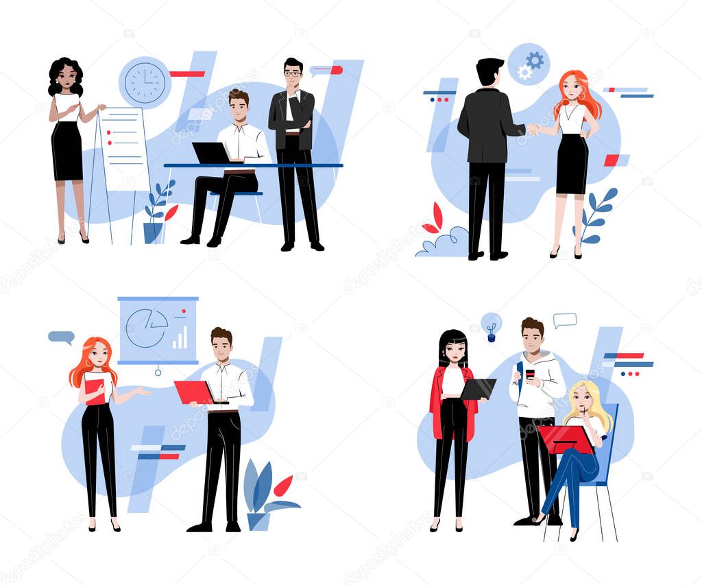 Creativity, Brainstorming, Innovation And Teamwork Concept. Business People Men And Women Develop A New Project Together In The Office. Cartoon Linear Outline Flat Style. Vector Illustrations Set