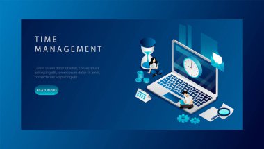 Isometric Zaman Yönetimi Konsepti. Web sitesi İniş Sayfası. İş adamları çalışma saatlerini planlıyorlar. Erkek ve kadın teslim tarihlerini takiben işlerini zamanında yaparlar. Web Sayfası Vektör İllüstrasyonu