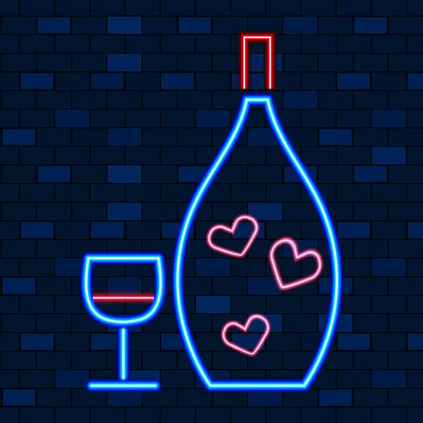 Vip Neon Icônes. Bannière lumineuse et lumineuse nocturne. Boisson alcoolisée bouteille avec stemware sur fond de mur de brique sombre. Icône d'éclairage au néon. Concept de club ou de bar sur fond sombre. Illustration vectorielle — Image vectorielle