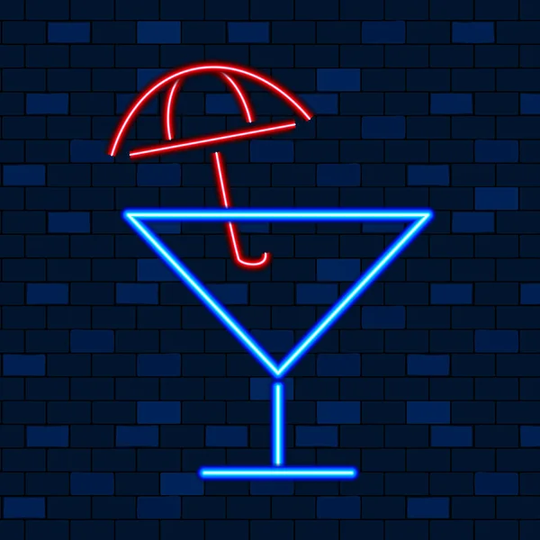 Vip Neon Icônes. Bannière lumineuse et lumineuse nocturne. Verre à cocktail avec parapluie sur le fond de mur en brique sombre. Icône d'éclairage au néon. Concept de club ou de bar sur fond sombre. Illustration vectorielle — Image vectorielle