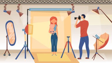 Fotoğraf Oturumu Konsepti. Kameralı fotoğrafçı, Bebekli Kadın 'ın Cazibe Dergisi Reklamı İçin Fotoğraflarını Çekiyor. Profesyonel ekipmanla stüdyo fotoğrafı çekimi. Çizgi film Düz Vektör illüstrasyonu