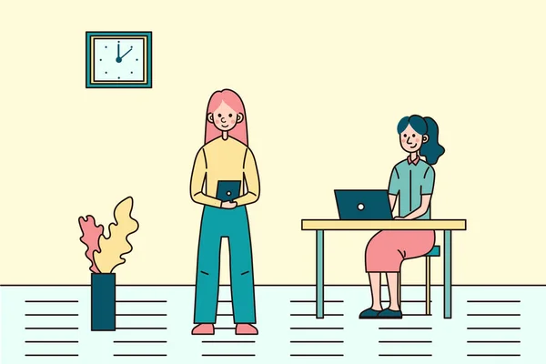 ブレインストーミングとチームワークの概念,コーキングセンターでのビジネス時間.共有作業環境。女性はオフィススペースで働いています。漫画リニアアウトラインフラットスタイル。ベクターイラスト — ストックベクタ