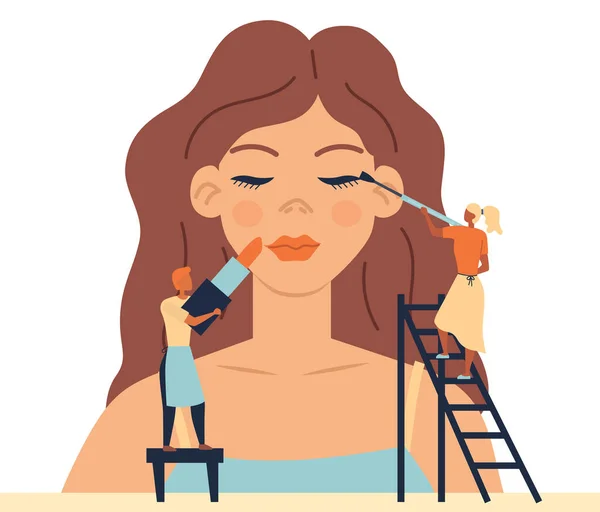 Concept Of Face Skin Care, Fashion Beauty Salon With Professional Staff Маленькі персонажі роблять макіяж для жінки-манекена. Люди кладуть Lipstick, додають Eyeshadows. Стиль Cartoon Flat. Векторний приклад — стоковий вектор