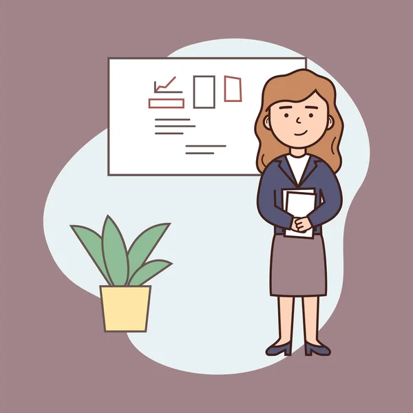 Concepto de mujer de negocios. Young Cheerful Business Woman Holding Paper Documents On Abstract Background. The Standard Of Modern Successful Girl (en inglés). Esquema de dibujos animados Linear Flat Style. Ilustración vectorial — Vector de stock