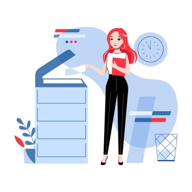 Concept Of Office Work. Young Pretty Girl Is Working In The Office Copying and Scanning Documents, Sending Faxes. Businesswoman is Using Copy Machine. Cartoon Linear Outline Flat Vector Illustration clipart