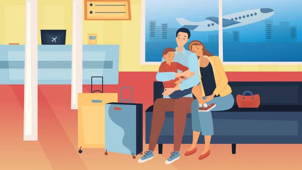 家族旅行の概念。荷物と幸せな家族は一緒に旅行しています。子供連れの両親は空港で寝ている彼らのフライトを待っています。漫画のフラットスタイル。ベクターイラスト — ストックベクタ