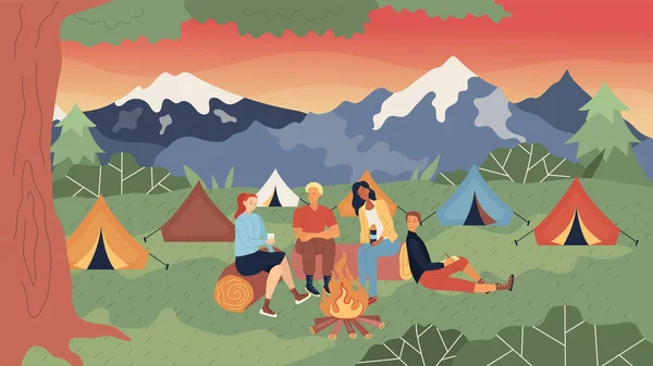 Concept de camp de tente. Groupe de personnes ou de la famille sont assis au feu, communiquer et passer un bon moment. Beau camp de tente avec vue sur les montagnes du soir. Cartoon style plat. Illustration vectorielle — Image vectorielle