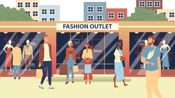 Concept Of Fashion Outlet, Mass Market Apparel Store. Fashion People, Buyers Or Customers Walking City Street Near Trendy Clothing Boutiques With Purchases. Cartoon Flat Style. Vector illustration