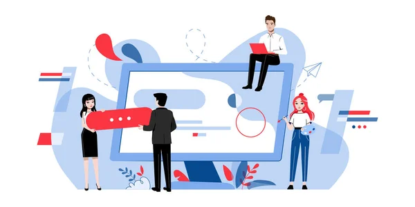 Web Design Concept. Creative Team Of People Are Making A Web Design. Teamwork Project, Web Agency Workers Are Making a New Company Project. Cartoon Linear Outline Flat Style. Vector Illustration — Stock vektor