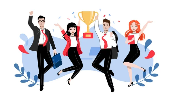 Criatividade, Brainstorming, Inovação, Conceito de Trabalho em Equipe. Grupo de empresários de sucesso feliz ou estudantes em diferentes posições com Copa do vencedor. Desenhos animados Linear esboço plana Vector Ilustração —  Vetores de Stock