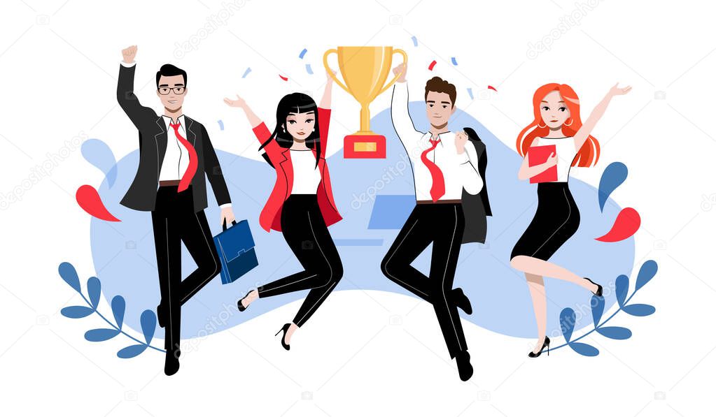 Creativity, Brainstorming, Innovation, Teamwork Concept. Group Of Happy Successful Business People Or Students In Different Poses With Winner s Cup. Cartoon Linear Outline Flat Vector Illustration