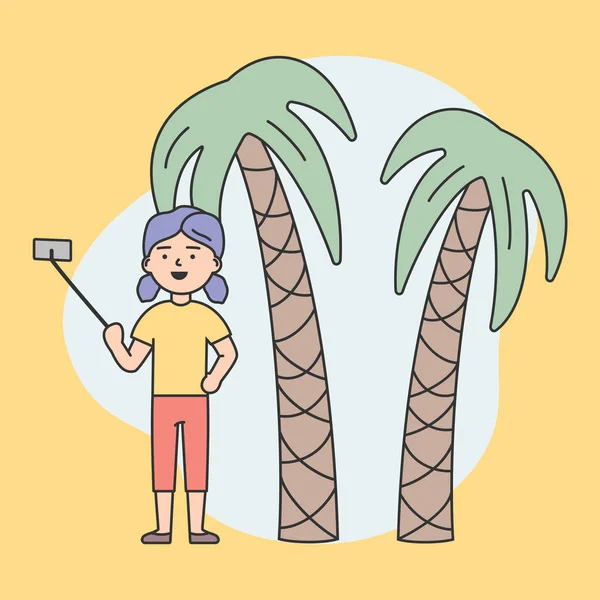 Concepto de hacer selfie. Joven atractiva mujer con maleta está haciendo selfie en palmeras fondo. La chica sonríe y se divierte. Dibujos animados Linear Outline Flat Style. Ilustración vectorial — Vector de stock