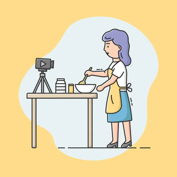 Video Blog Concept. Young Attractive Woman Make A Cooking Show Vlog. Live Streaming, Broadcast, Social Media Network Bloggers Collaboration, Interview. Cartoon Linear Outline Flat Vector Illustration — Stock Vector