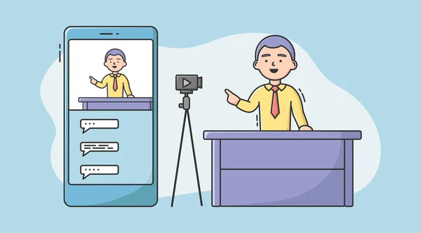 Video Blog Concept . Video Blogger Make A Vlog By Camera. Man Making Live Stream, Social Media Network Bloggers Collaboration. Interview, Video Recording. Cartoon Linear Outline Vector Illustration — Stock Vector