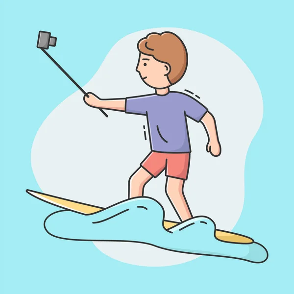 Koncept tvorby Selfie. Video Blogger je dělat Selfie nebo Vlog podle Smartphone Stick Riding Surfboard. Surfař se usmívá a baví. Cartoon Linear Outline Flat Style. Vektorová ilustrace — Stockový vektor