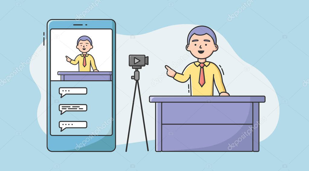 Video Blog Concept . Video Blogger Make A Vlog By Camera. Man Making Live Stream, Social Media Network Bloggers Collaboration. Interview, Video Recording. Cartoon Linear Outline Vector Illustration
