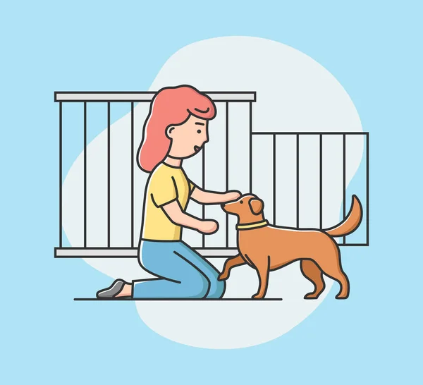 Begreppet djurhem för herrelösa husdjur. Snäll kvinna hjälpa hemlösa djur. Flicka adopterande hund från härbärget. Illustration med Husdjur som adopterar från burar. Tecknad linjär kontur Platt vektor Illustration — Stock vektor