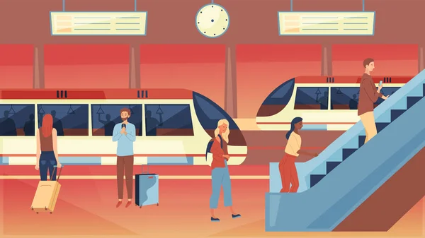 Έννοια των δημόσιων μεταφορών. Στο μετρό Εσωτερικό με ανθρώπους, τρένο και κινούμενη σκάλα. Σταθμός με μετρό τρένο υπόγειο πλατφόρμα και άνθρωποι Riding Escalator. Στυλ καρτούν. Εικονογράφηση διανύσματος — Διανυσματικό Αρχείο