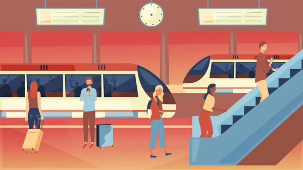 Concetto di trasporto pubblico. Interno della metropolitana con persone, treno e scala mobile. Stazione con Metro Train Underground Platform e People Riding Escalator. Stile piatto del fumetto. Illustrazione vettoriale — Vettoriale Stock