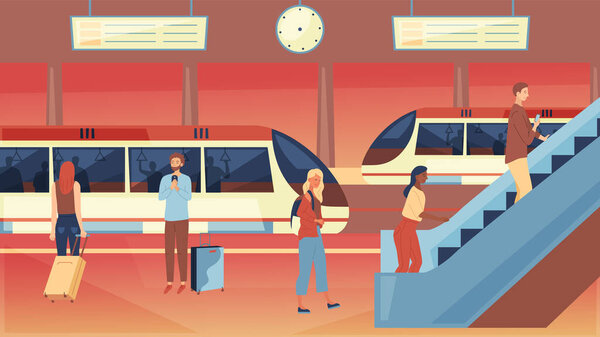 Public Transport Concept. Subway Interior With People, Train and Moving Staircase. Station With Metro Train Underground Platform and People Riding Escalator. Cartoon Flat Style. Vector Illustration