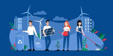 Eco City Konsepti. Gönüllüler Birlikte Çalışıyor, Atıkları Geri Dönüşüm, Gezegen Kirliliğini Kontrol Ediyor, Alternatif Enerji Kaynağını Kullanıyor, Tesisleri, Temiz Sokakları Kullanıyor. Çizgi film Çizgi Çizgisi Düz Vektör İllüstrasyonu