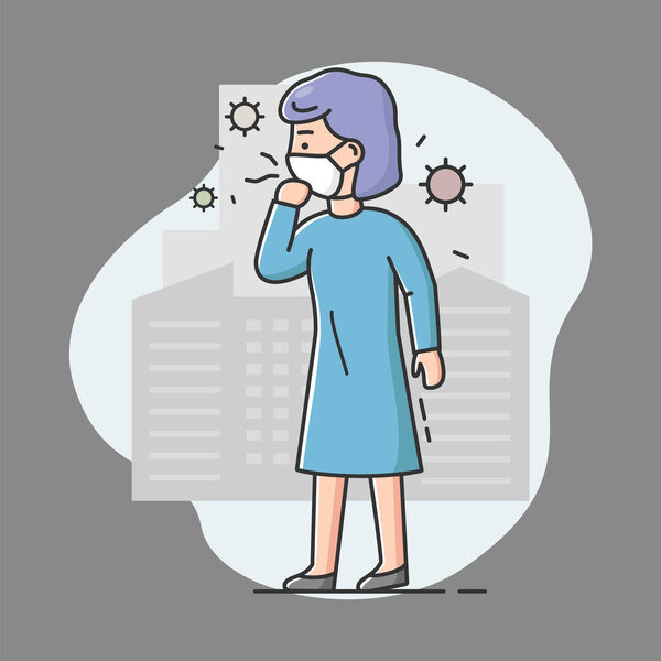 Coronavirus Concept. Girl In Protective Mask With With Flying Around Viruses In The Air. Character In Medical Face Mask for Preventing Virus Covid19. Cartoon Linear Outline Flat Vector Illustration